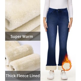 AMRSPENG Women's Lined Bottom Wide Leg Flare Jeans Fleece Jeans Winter Warm Thermal Flannel Lined Pants High Waist Flare Jeans Y2K Denim Winter Jeans for Women 2023,Navy, Size 4