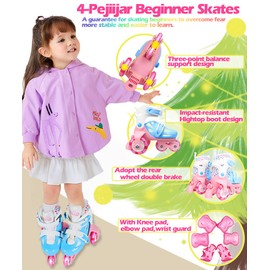 Kids Quad Roller Skate,Roller Skates for Girls Boys,with Adjustable Size&Double Brakes&Luminous Wheels&Protective Gear,3-Point Balance Roller Shoes for Beginners,for Indoor Outdoor