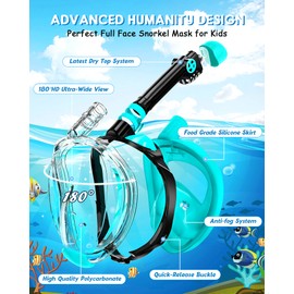 X99 Kids Full Face Snorkel Mask, Snorkeling Gear with Latest Dry Top Safe Breathing System, 181 Degree Panoramic Snorkeling Set for Kids with Camera Mount, Anti-Fog Anti-Leak, Green Black, X-Small