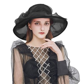 OhMill Ladies Sun Hat Wide Brim Retro Travel Hat with Flower Decoration Size 60cm, black