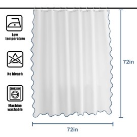 TheBlackSpot White Boho Shower Curtain with Blue Scalloped Border Chic Theme Fabric Bathroom Decor with Hooks Waterproof Washable 72 x 72 inches