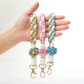 XGALBLA - Llavero de macramé bohemio hecho a mano con tela de pulsera, llavero floral para muñeca, Flor, azul, M