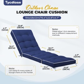 Tycdiose Outdoor Chaise Lounge Chair Cushion, Waterproof Non-Slip Patio Chaise Lounge Cushions for Outdoor Furniture, Thickened Patio Pool Lounger Chair Cushion, 76.4 x 22.8 x 4.7 Inches, Blue
