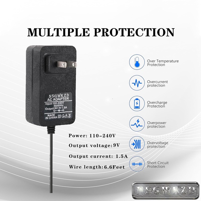 9V DC 1.5A Power Supply for Arduino, Power Cord for