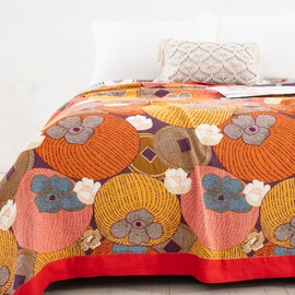 Purefair 100% Muslin Cotton Throw Blanket for Bed Couch Chair, Floral Persimmon Printed Colorful Retro Quilt Ultra Soft Reversible Gauze Blanket for All Season, 90"x98"