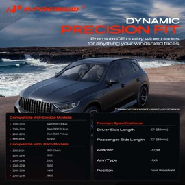 A-Premium Pack of 2 Front Windshield Wiper Blades with Wear Indicator & Towel - Compatible with Ram 1500/2500/3500 2009-2018 & Dodge Ram 1500/2500/3500 Pickup 2009-2010 - 22" and 22", Hook Connector