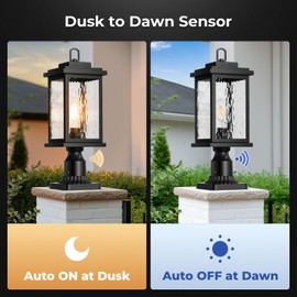 VIANIS Large Dusk to Dawn Outdoor Post Lights, Black Hardwired Waterproof Outdoor Lamp Post with Pier Mount Base, 3-inch Aluminum Outside Post Light with Tempered Glass for Garage, Garden