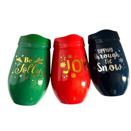 PLA Set of 3 Seasonal Holiday Christmas Stemless Wine Tumblers, Sippers, Red Joy, Green Be Jolly Blue Sipping Through The Snow Modern Stemless Tumblers, Gifting, Travel 16 Ozs