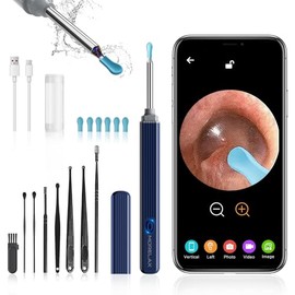 Ear Wax Removal Tool with 8 Pcs Ear Set - Ear Canal Cleaner with 1080P Camera - Ear Cleaning Kit with 6 Ear Scoops - Ear Wax Cleaner with Camera-Otoscope Ear Pick for iOS & Android Blue