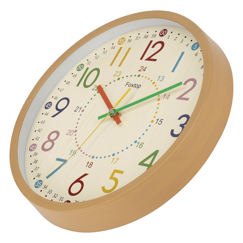 Foxtop Kids Wall Clock, Learning Clock Without Ticking Noises,12 Inch