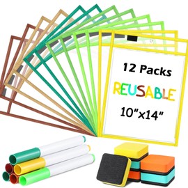 24 Pcs Dry Erase Pocket Reusable Sleeves 10" x 14" Clear Plastic Sheet Protectors with Markers and Mini Dry Erasers for Paper Teacher Classroom(Assorted Color)