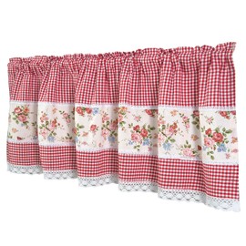 Dreamskull Cotton Short Curtain Country Rural Pastoral Style Floral Print with Red and White Checked Cafe Kitchen Bistro Restaurant Multifunctional Curtain/Gingham Small Window Valance 150 cm Wide