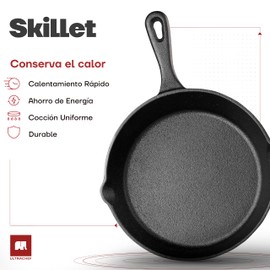 Ultrachef Sartén de Hierro Fundido con Mango Largo, Previamente Curado, Cast-Iron Skillet, 6.5" (15.5cm), Negro