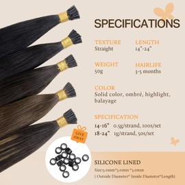 DOORES I Tip Hair Extensions, Jet Black 50g/100s 14 Inch, I Tip Remy Hair Extensions Natural Hair Extensions Cold Fusion Hair Extensions Silky Smooth Hair Extensions Straight Hair Extensions for Women