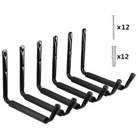Heavy Duty 10 Inches Jumbo Arm Indoor Outdoor Storage Wall Hanging Hooks, Garage and Garden Steel Organizer Rack (Black, 6 Pack with Protector)