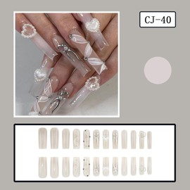 Extra Long Press on Nails Square Fake Nails White Streamer Sliver Bow False Nails with Designs Gradient Valentines Glue on Acrylic Nails Full Cover Heart Pearl Stick on Nails for Women 24PCS