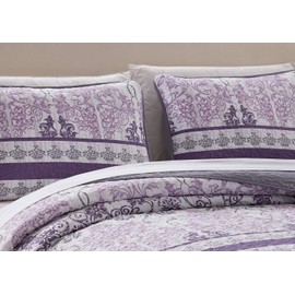 Better Home Style 3 Piece Purple Lilac Dark Grey Charcoal Floral Luxury Lush Soft Flowers Printed Design Quilt Coverlet Bedspread Oversized Bed Cover Set # Amber (Full/Queen)
