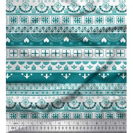 Soimoi Green Velvet Fabric Square & Semi Mandala Ethnic Print Fabric by The Yard 58 Inch Wide