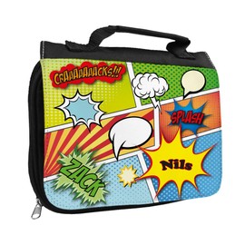 Toiletry Bag with Name Nils and Comic Motif for Boys | Toiletry Bag with First Name | Wash Bag for Children, black