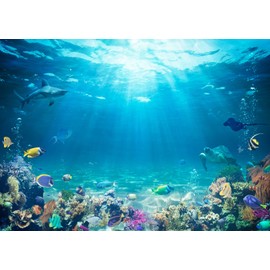 BELECO Underwater World Backdrop 7x5ftFabric Undersea Backdrop for Photography Under The Sea Tropical Fish Dolphin Turtle Coral Deep Sea Sunlight Seabed Background Undersea Party Photo Studio Prop