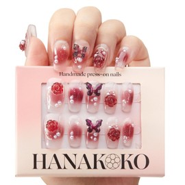 Hanakoko Handmade Press-On Nails, Floral Designs with Glitter and Pearls, Coffin Shape Press-on Nails Reusable 10 Pcs (Velvet Castle, XS)
