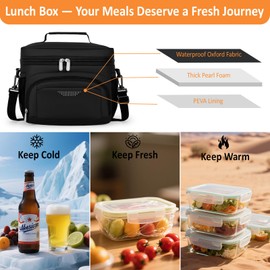 Vankor Lunch Box for Men Women, Insulated Lunch Bag Reusable Leakproof Cooler Lunch Tote Bag with Adjustable Shoulder Strap for Work Office Picnic Beach Travel, Black