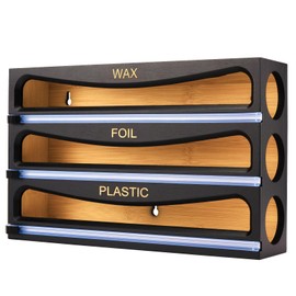 Cozee Bay Bamboo Wrap Dispenser with Cutter, Plastic Wrap Organizer, Aluminum Foil Organization, and Wax Paper Dispenser Holder for Kitchen Drawer and Wall, Compatible with 12" Roll (01 Black)