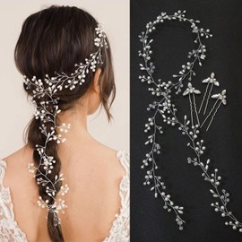 Brihasory Bridal Hair Accessories Extra Long Pearl and Crystal Beads Bride Hair Vine Handmade Party Prom Wedding Hair Piece Rhinestone Bridal Headband for Women and Girls(Gold)