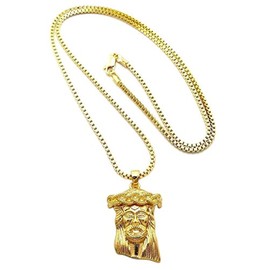 Shiny Jewelers USA Mens ICED Out Jesus GOD Micro Mini Hip HOP Pendant Gold Silver Box Chain (Plain Jesus Gold)