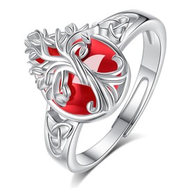 Vito 925 Sterling Silver Created Ruby Tree of Life Ring for Women Men, Adjustable Teardrop Crystal Tree Open Band Rings Protection Amulet Jewelry Gift for Mom, Sterling Silver, Ruby