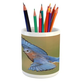 Lunarable Flying Birds Pencil Pen Holder, Male Eastern Bluebird Flying Closeup Photo, Ceramic Pencil Holder for Desk Office Accessory, 3.6" X 3.2", Pale Azure Blue Pale Caramel Pale Fern Green