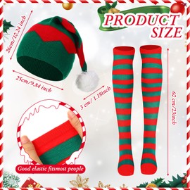 Geyoga 6 Pcs Christmas Elf Costume Accessories Including 3 over Knee Striped Socks and 3 Christmas Knitted Elf Hats for Women Adult Winter Warm Costume