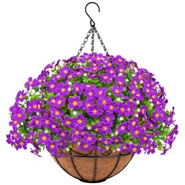 Besteek Artificial Hanging Plants Flowers with Basket for Spring Summer Outdoor Decoration, Fake Flowers UV Resistant with Hanging Planter for Front Porch Patio Garden Yard Home Decor, Purple