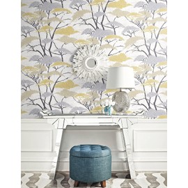 Wallpaper Designer Asian Trees Black Silver Metallic Taupe & Gold Leaves on Cream