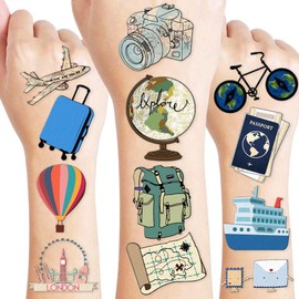 8 Sheets (96PCS) Travel Tattoo Stickers Map Theme Birthday Adventure Awaits Party Decorations Favors Supplies For Kids Gifts Classroom School Prizes Rewards