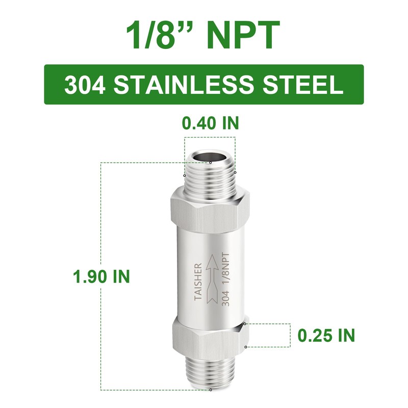 TAISHER 1PCS 304 Stainless Steel 1/8" NPT Male Check Valve,Backflow