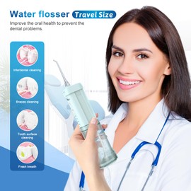 JNGOODS Mini Portable Water Flosser Oral Irrigator Water Teeth Cleaner Pick, Telescopic Water Tank, 4 Modes & IPX7 Waterproof, Home & Travel Water Flossers for Teeth, Braces Bridges Care. (Pearl Blue)
