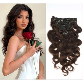 Unipearl Wavy Clip-In Real Hair Extensions, 55 cm / 22 Inches, 8 Pieces, 120 g, #2 Dark Brown Hair Extensions for Women, Body Wave, Remy Hair Extensions, Clip-In
