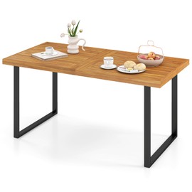 RELAX4LIFE Outdoor Dining Table for 6, 63’’ Rectangular Wooden Patio Table w/Umbrella Hole, Acacia Wood Tabletop & U-Shaped Metal Legs, Farmhouse Indoor Outdoor Use for Kitchen Garden Porch Backyard