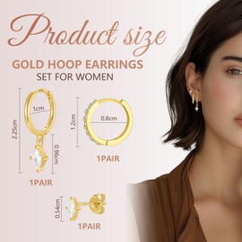 GlamRays Gold Earrings Set for Women, Filigree 14K Gold-Plated Earrings, 925 Sterling Silver Hypoallergenic Cartilage Earrings, Fashionable Earrings Stackable, gold, L