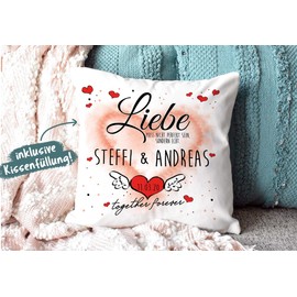 PR Print Royal Cushion with Filling with Saying "Unsere Liebe ist echt (Unsere Liebe ist Ech") for Writing on with Partner First Name and Date of Choice, Polyester Cushion - White Fluffy, 40 x 40 cm