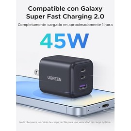 UGREEN Cargador 45W Tipo C GAN Portátil, PD USB C 2C1A
