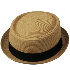 Men's Fancy Summer Straw Pork Pie Derby Fedora Upturn Brim Hat (Large-XLarge, F1857LT Brown)