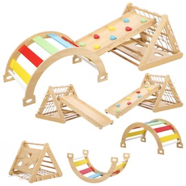 GarveeLife Toddler Indoor Gym Playset, 3 in 1 Wooden Climbing Toys, 3-Sided Wooden Triangle Climber with Climbing Net,Sliding Ramp & Board for Kids Boys Girls Indoor Gym Playset Gift,Home & Daycare