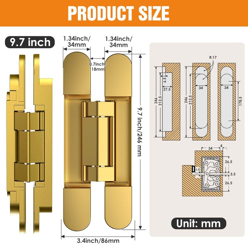 Lipshome 9.7" Hidden Door Hinge/Concealed Hinges,Invisible Hinges,Invisible Door Silent 180
