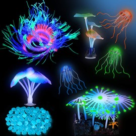 57 Pieces Glowing Fish Tank Decorations Plants with Simulation Glowing Silicone Coral Glowing Jellyfish Lotus Leaf Changeable Green Sea Anemone Luminous Stones for Aquarium Fish Tank Glow Ornament