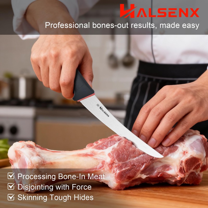 HALSENX Professional 6 Inch Curved Stiff Boning Knife -Non-Slip SoftGrip