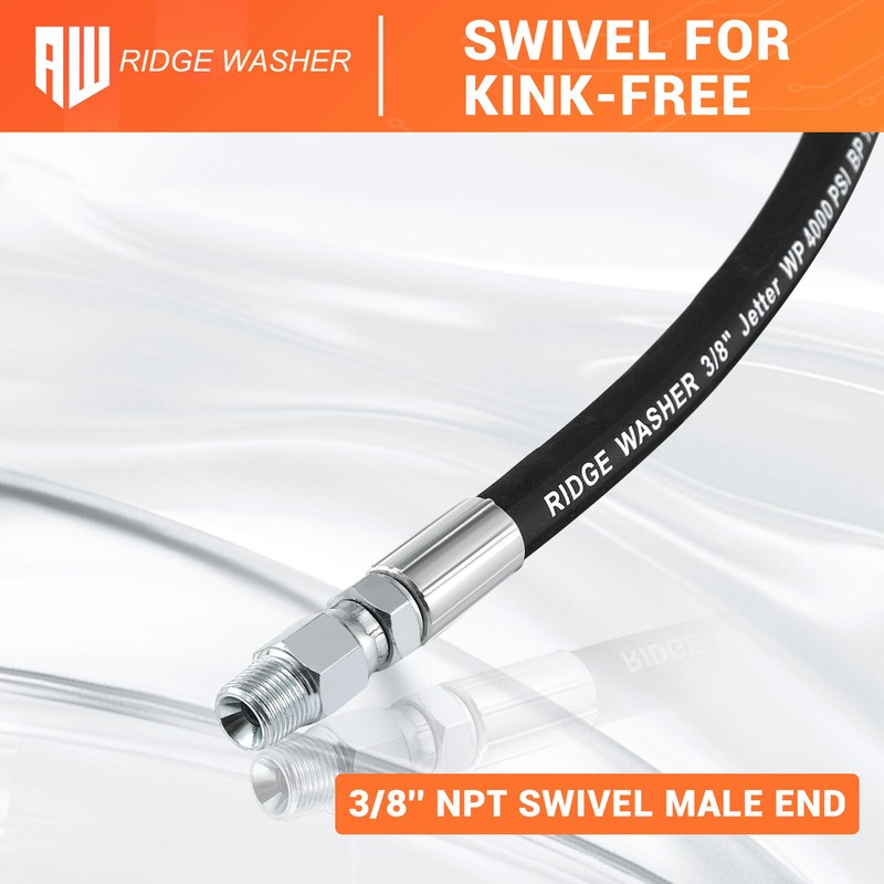 RIDGE WASHER Pressure Washer Whip Hose with Swivel, 3/8", 2