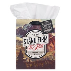 Christian Art Gifts Medium Portrait Inspirational Scripture Gift Bag, Tag & Wrapping Tissue Paper Set for Men & Women: Stand Firm Encouraging Bible Verse, Scenic Mountains, Black/White/Red Multicolor