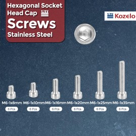 Kozelo 36pcs M6 Socket Head Cap Screws Bolts Nuts Assortment Kit - [M6x8/10/16/20/25/35mm] 304 Stainless Steel Allen Socket Drive for 3D Printer